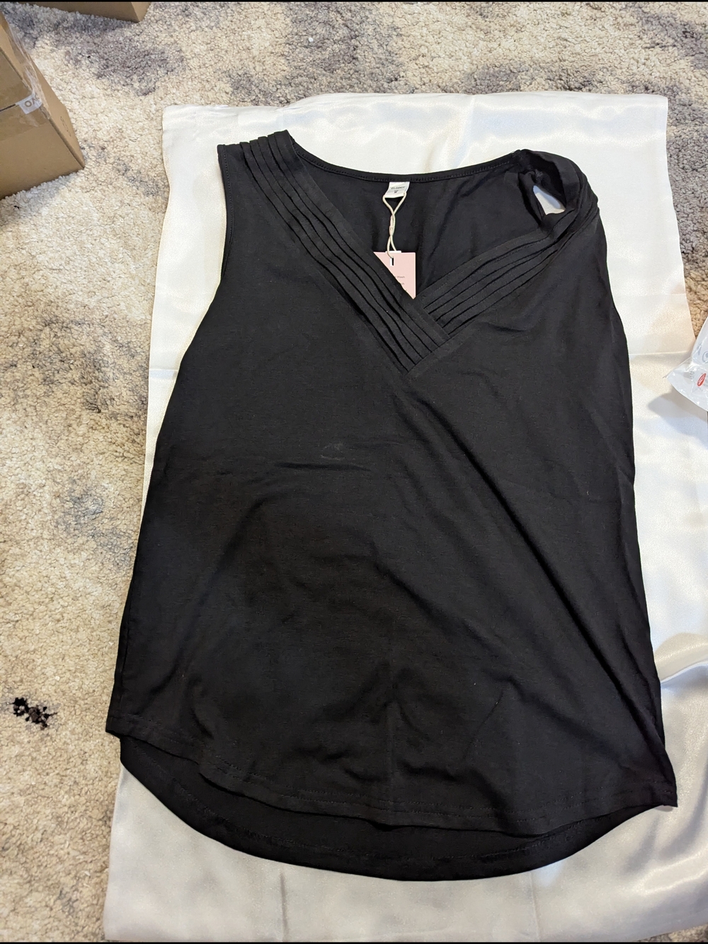 Black V-Neck Pleated Trim Sleeveless Women's Top